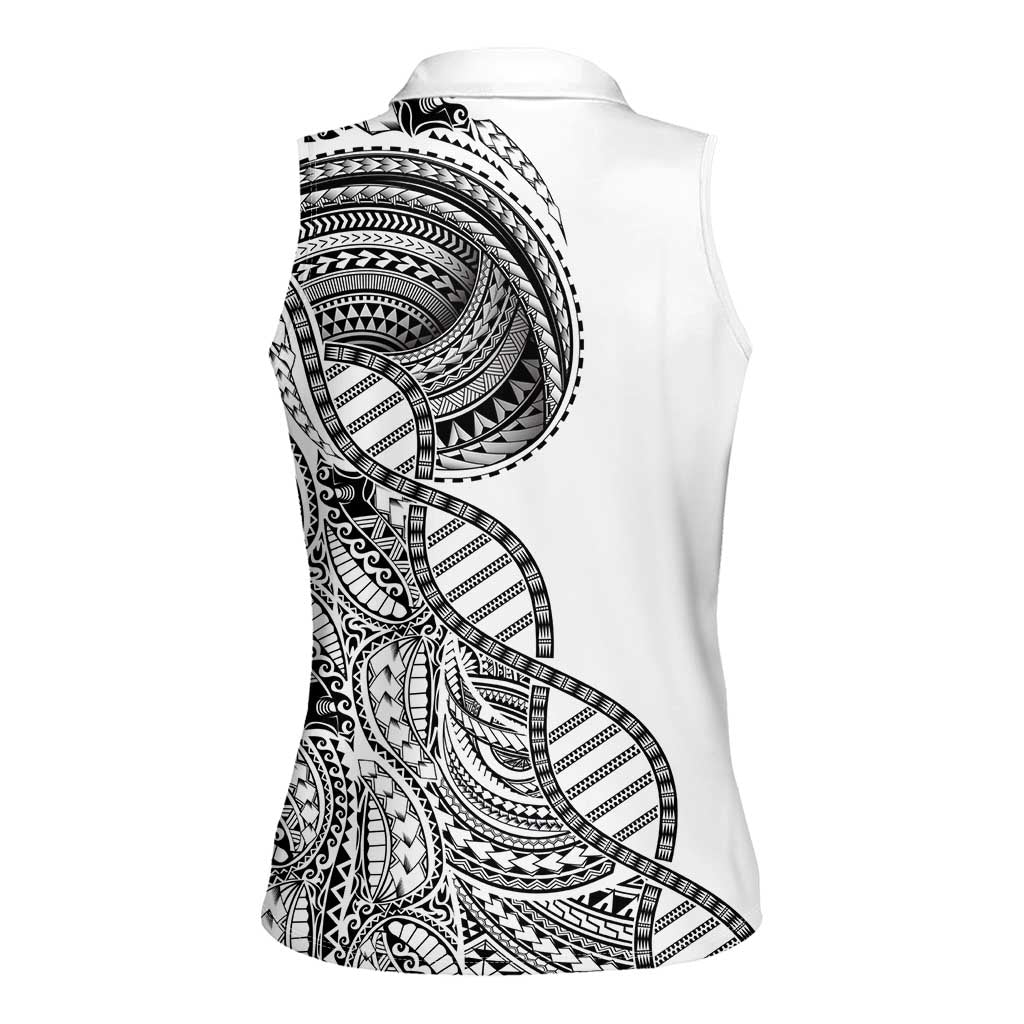 Samoan DNA Art Tattoo Women Sleeveless Polo Shirt Polynesian Pattern White Color