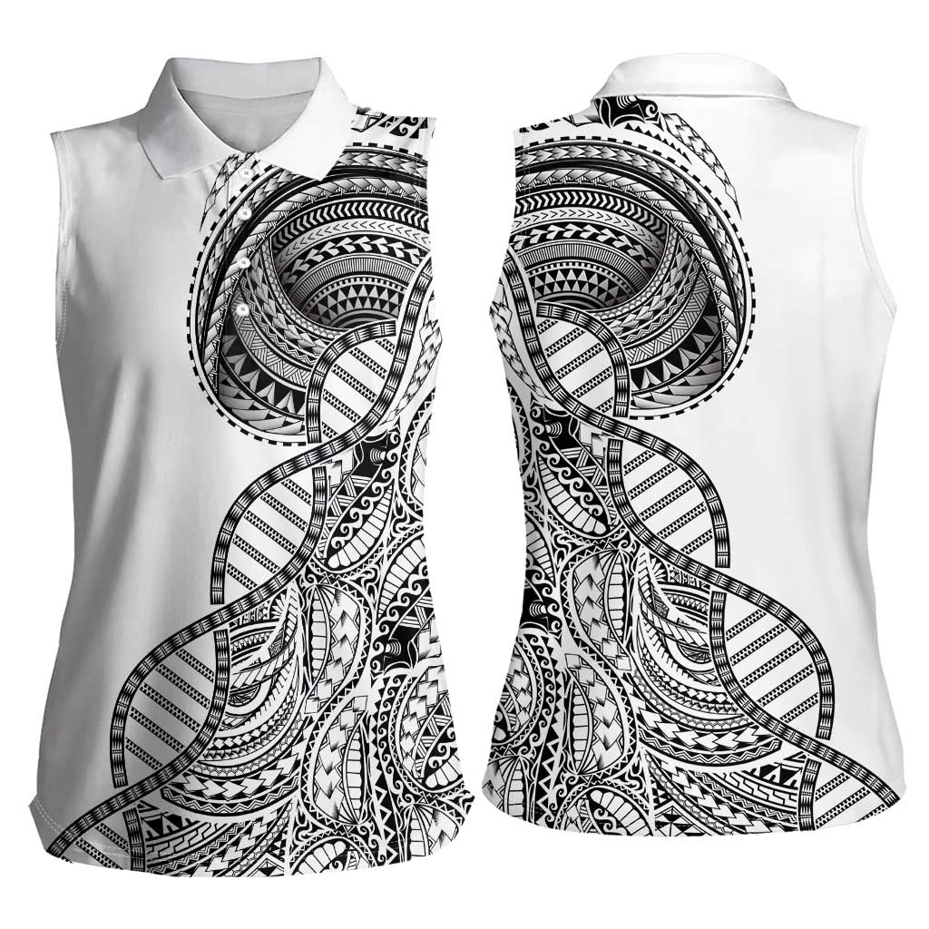 Samoan DNA Art Tattoo Women Sleeveless Polo Shirt Polynesian Pattern White Color