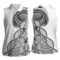 Samoan DNA Art Tattoo Women Sleeveless Polo Shirt Polynesian Pattern White Color