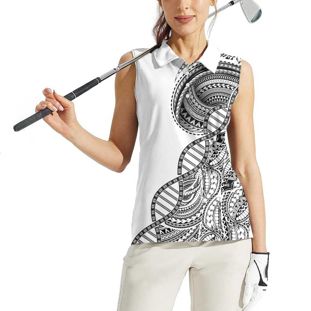 Samoan DNA Art Tattoo Women Sleeveless Polo Shirt Polynesian Pattern White Color