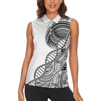 Samoan DNA Art Tattoo Women Sleeveless Polo Shirt Polynesian Pattern White Color
