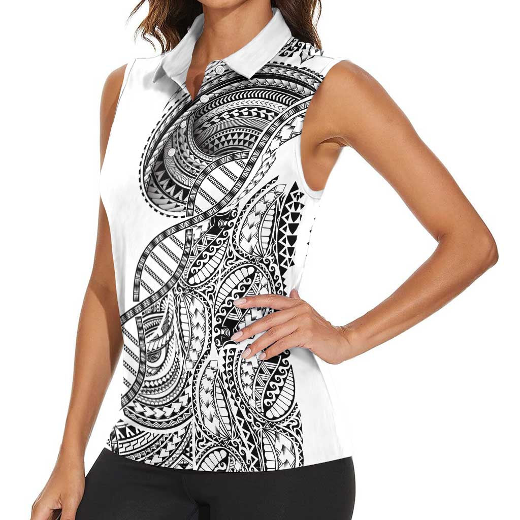 Samoan DNA Art Tattoo Women Sleeveless Polo Shirt Polynesian Pattern White Color
