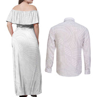 Samoan DNA Art Tattoo Couples Matching Off Shoulder Maxi Dress and Long Sleeve Button Shirt Polynesian Pattern All White