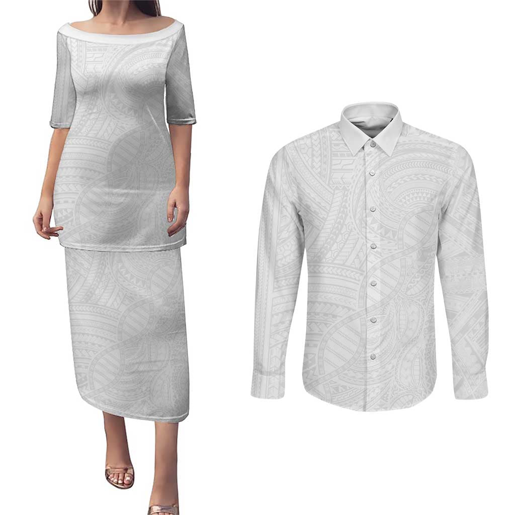 Samoan DNA Art Tattoo Couples Matching Puletasi and Long Sleeve Button Shirt Polynesian Pattern All White