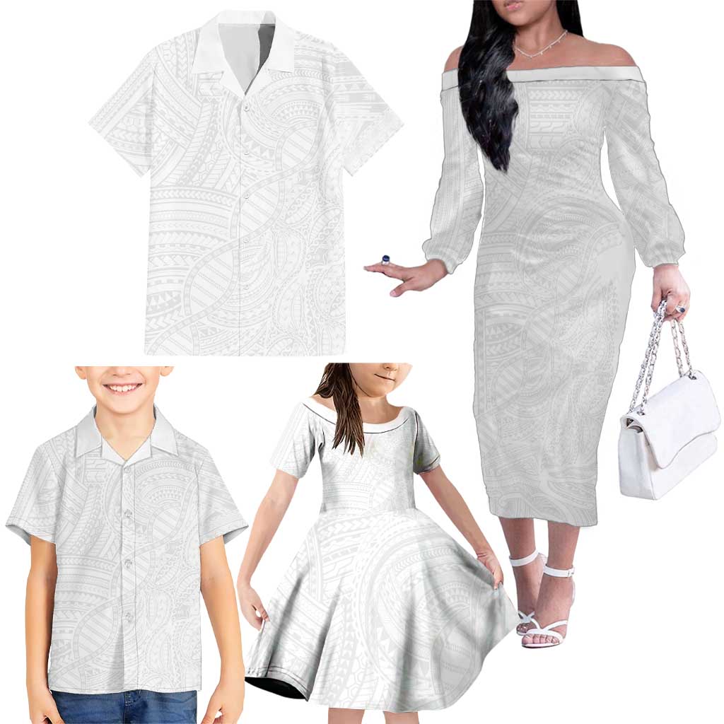 Samoan DNA Art Tattoo Family Matching Off The Shoulder Long Sleeve Dress and Hawaiian Shirt Polynesian Pattern All White