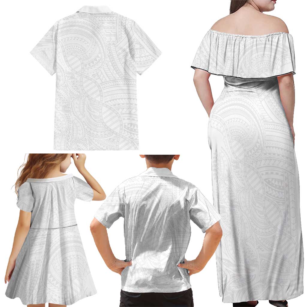 Samoan DNA Art Tattoo Family Matching Off Shoulder Maxi Dress and Hawaiian Shirt Polynesian Pattern All White