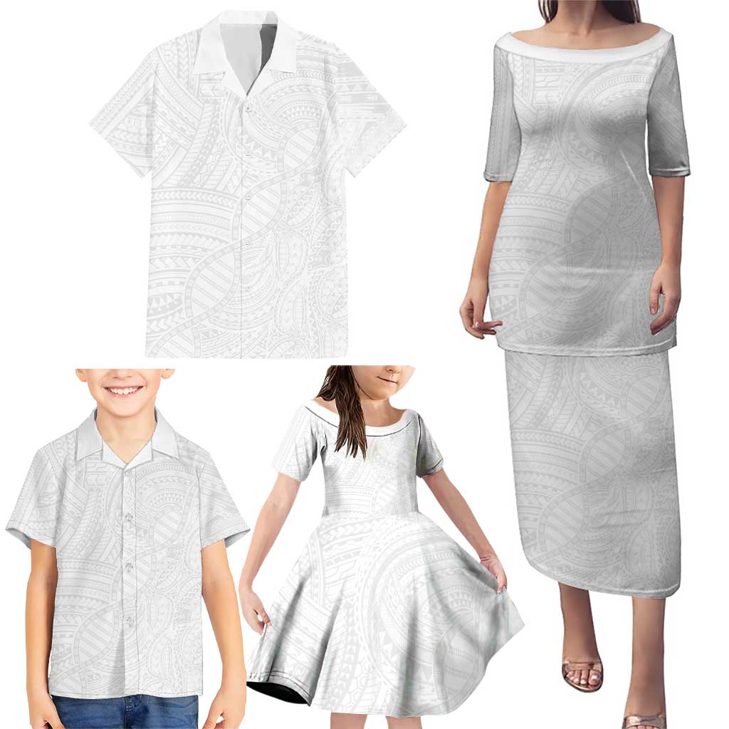 Samoan DNA Art Tattoo Family Matching Puletasi and Hawaiian Shirt Polynesian Pattern All White