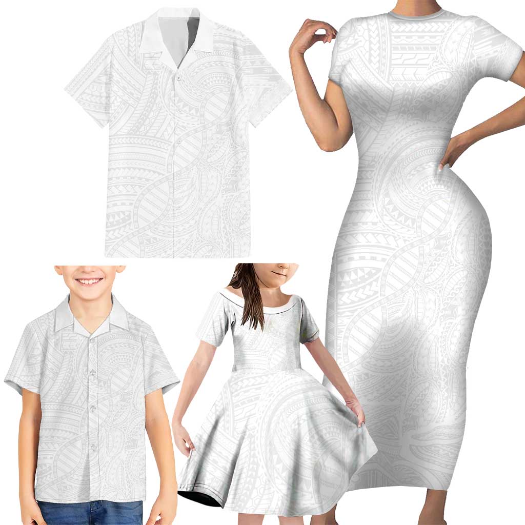 Samoan DNA Art Tattoo Family Matching Short Sleeve Bodycon Dress and Hawaiian Shirt Polynesian Pattern All White