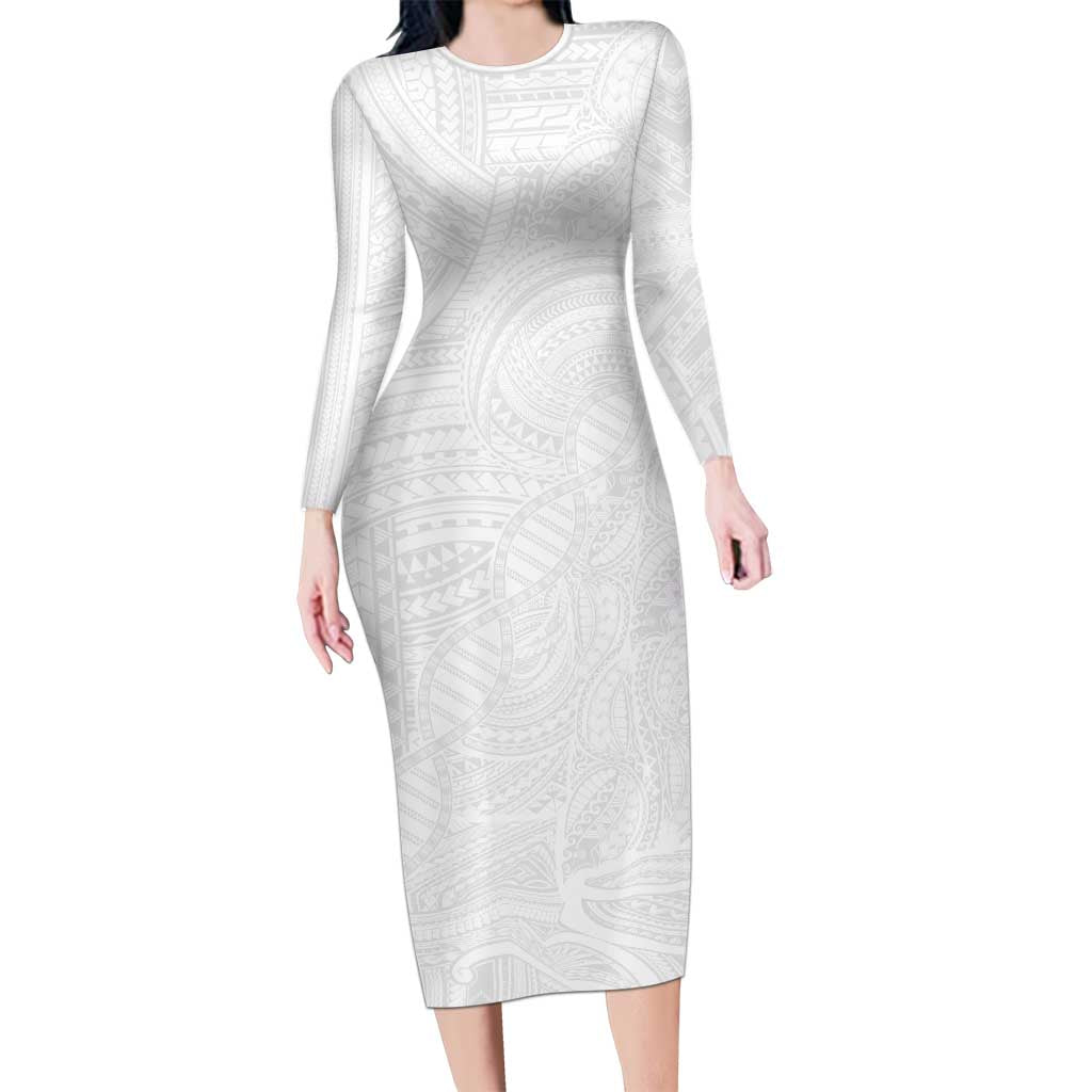 Samoan DNA Art Tattoo Long Sleeve Bodycon Dress Polynesian Pattern All White LT03 Long Dress White - Polynesian Pride
