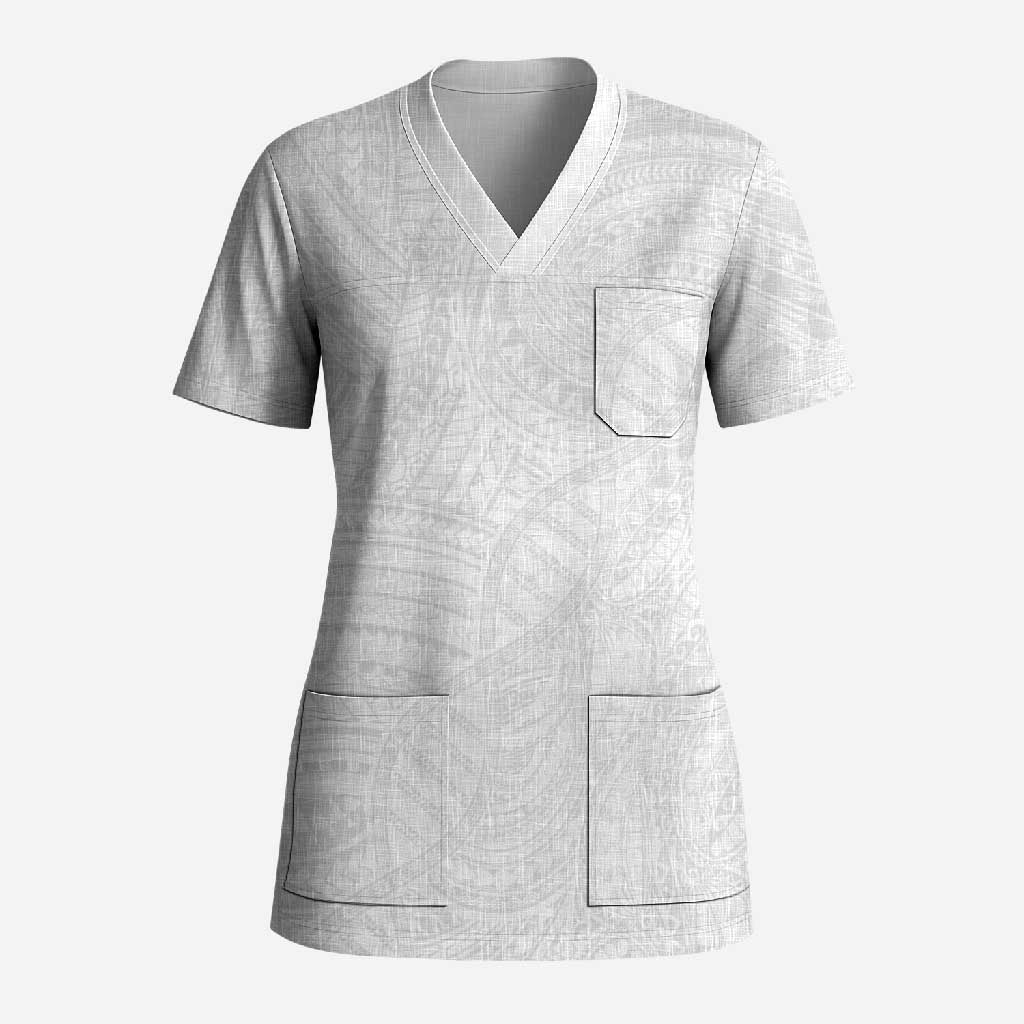 Samoan DNA Art Tattoo Scrub Top Polynesian Pattern All White