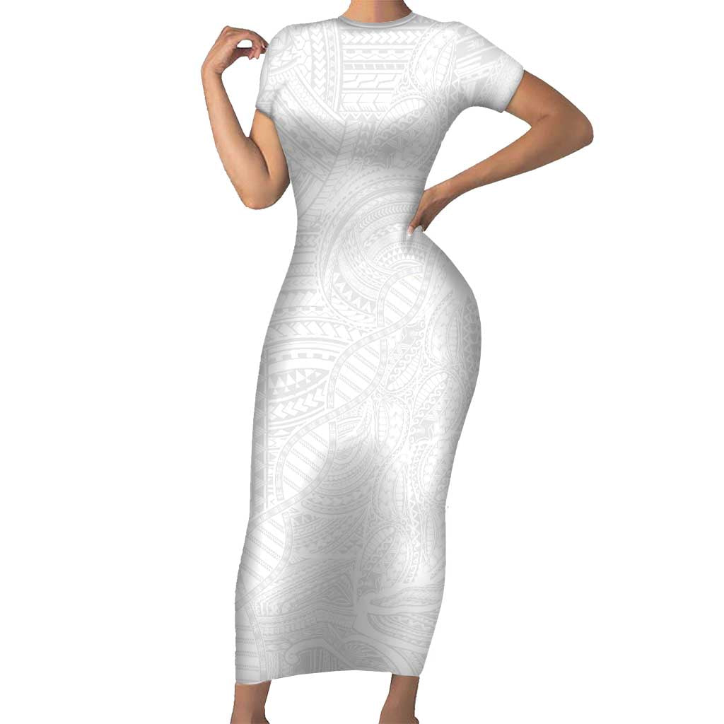 Samoan DNA Art Tattoo Short Sleeve Bodycon Dress Polynesian Pattern All White LT03 Long Dress White - Polynesian Pride