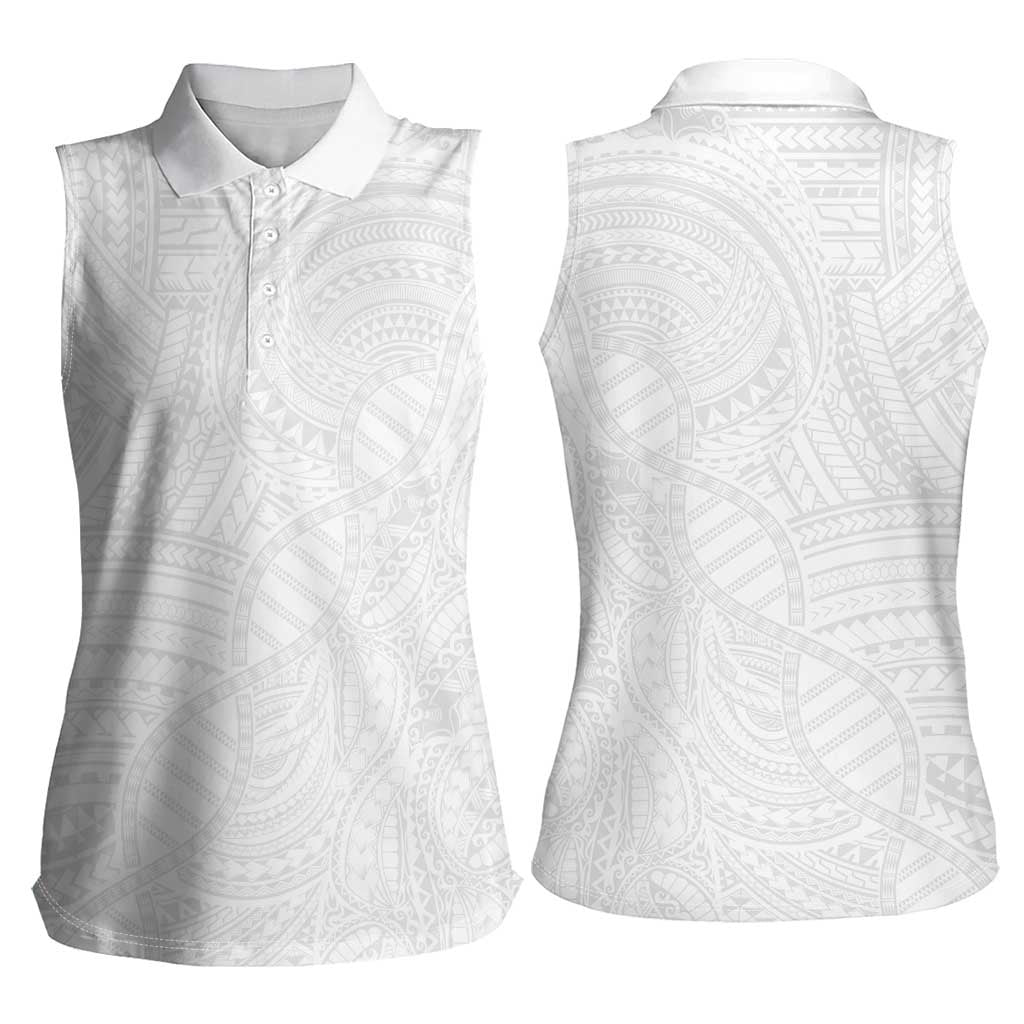 Samoan DNA Art Tattoo Women Sleeveless Polo Shirt Polynesian Pattern All White