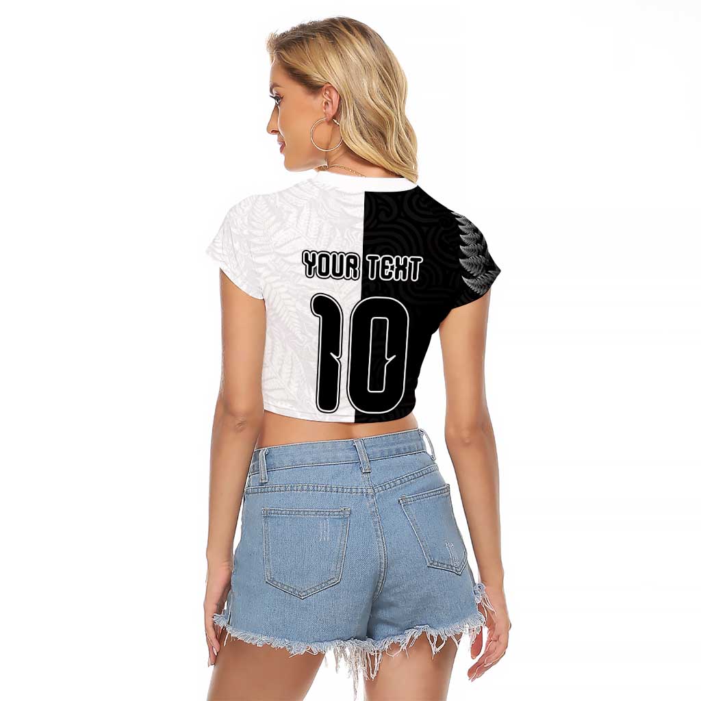 Custom New Zealand Football Raglan Cropped T Shirt Silver Fern and Maori Tribal Black White Half Sporty Style