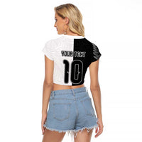 Custom New Zealand Football Raglan Cropped T Shirt Silver Fern and Maori Tribal Black White Half Sporty Style
