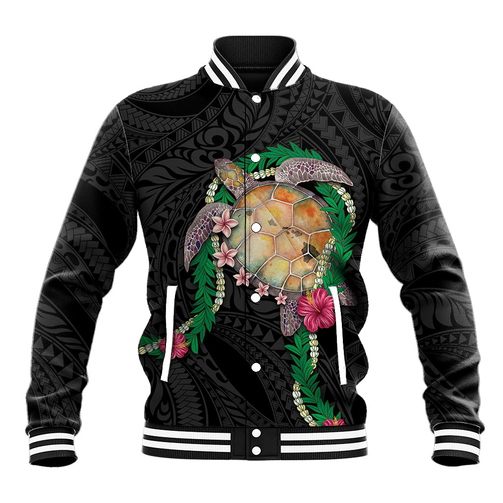 Hawaii Pikake and Maile Lei Baseball Jacket Honu Polynesian Pattern Black Color