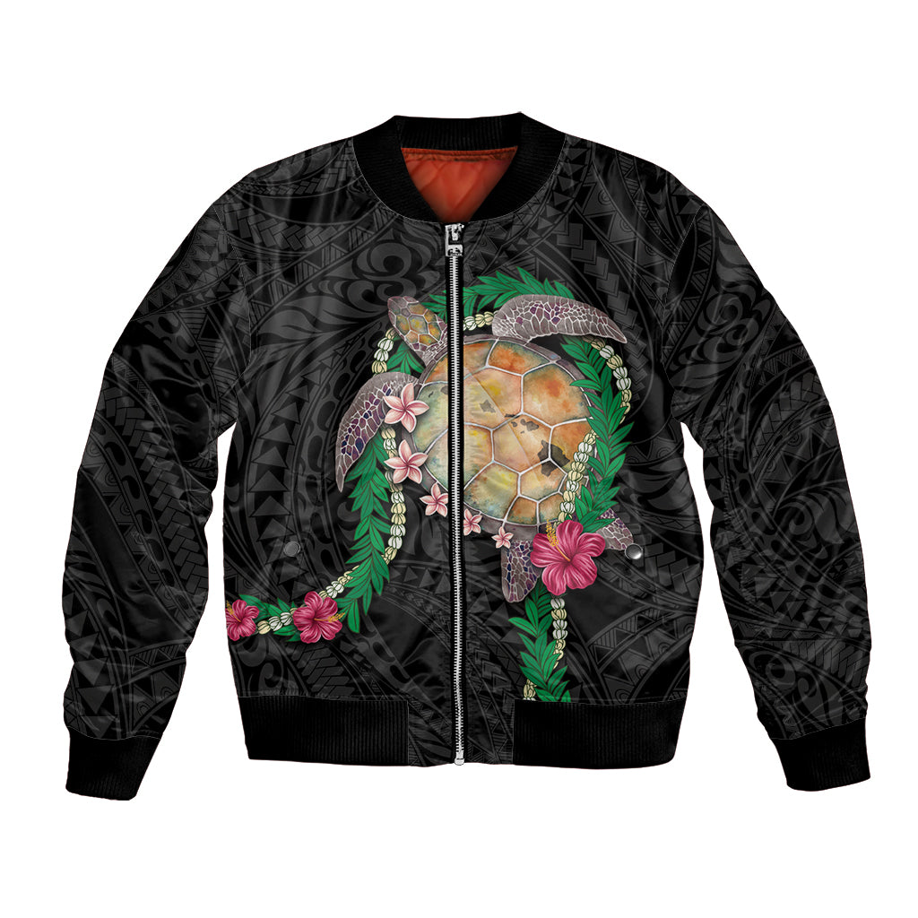 Hawaii Pikake and Maile Lei Bomber Jacket Honu Polynesian Pattern Black Color LT03 Unisex Black - Polynesian Pride