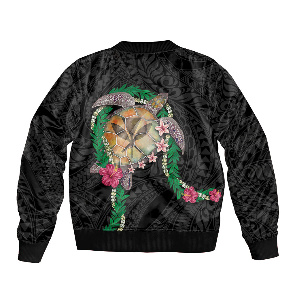 Hawaii Pikake and Maile Lei Bomber Jacket Honu Polynesian Pattern Black Color LT03 - Polynesian Pride