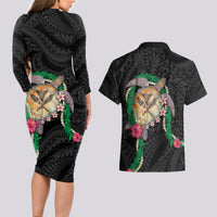 Hawaii Pikake and Maile Lei Couples Matching Long Sleeve Bodycon Dress and Hawaiian Shirt Honu Polynesian Pattern Black Color