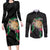 Hawaii Pikake and Maile Lei Couples Matching Long Sleeve Bodycon Dress and Long Sleeve Button Shirt Honu Polynesian Pattern Black Color
