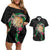Hawaii Pikake and Maile Lei Couples Matching Off Shoulder Short Dress and Hawaiian Shirt Honu Polynesian Pattern Black Color