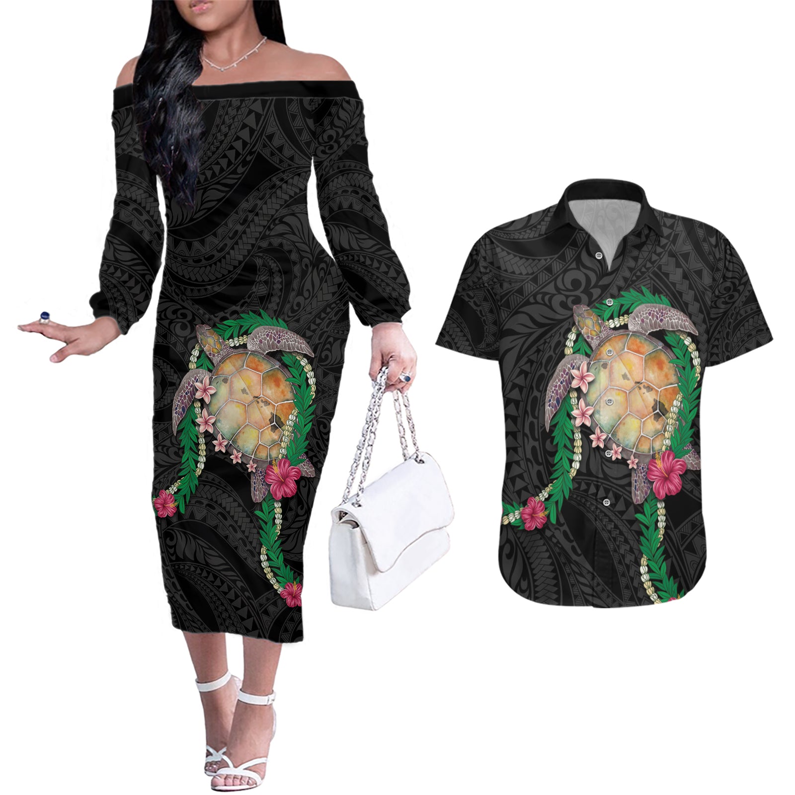 Hawaii Pikake and Maile Lei Couples Matching Off The Shoulder Long Sleeve Dress and Hawaiian Shirt Honu Polynesian Pattern Black Color LT03 Black - Polynesian Pride