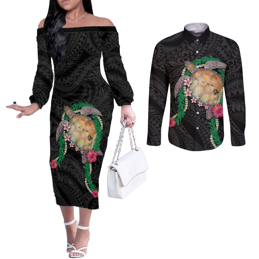 Hawaii Pikake and Maile Lei Couples Matching Off The Shoulder Long Sleeve Dress and Long Sleeve Button Shirt Honu Polynesian Pattern Black Color LT03 Black - Polynesian Pride