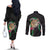 Hawaii Pikake and Maile Lei Couples Matching Off The Shoulder Long Sleeve Dress and Long Sleeve Button Shirt Honu Polynesian Pattern Black Color