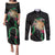 Hawaii Pikake and Maile Lei Couples Matching Puletasi and Long Sleeve Button Shirt Honu Polynesian Pattern Black Color