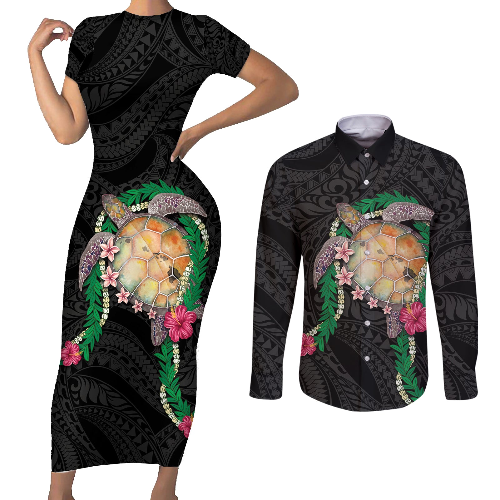 Hawaii Pikake and Maile Lei Couples Matching Short Sleeve Bodycon Dress and Long Sleeve Button Shirt Honu Polynesian Pattern Black Color