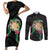 Hawaii Pikake and Maile Lei Couples Matching Short Sleeve Bodycon Dress and Long Sleeve Button Shirt Honu Polynesian Pattern Black Color