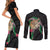 Hawaii Pikake and Maile Lei Couples Matching Short Sleeve Bodycon Dress and Long Sleeve Button Shirt Honu Polynesian Pattern Black Color