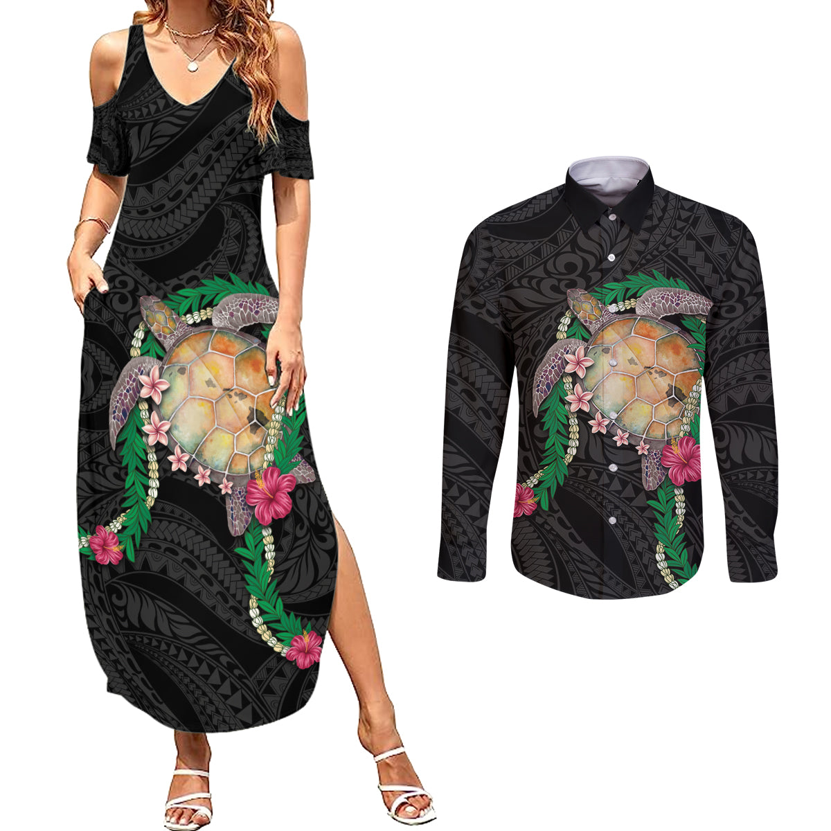 Hawaii Pikake and Maile Lei Couples Matching Summer Maxi Dress and Long Sleeve Button Shirt Honu Polynesian Pattern Black Color