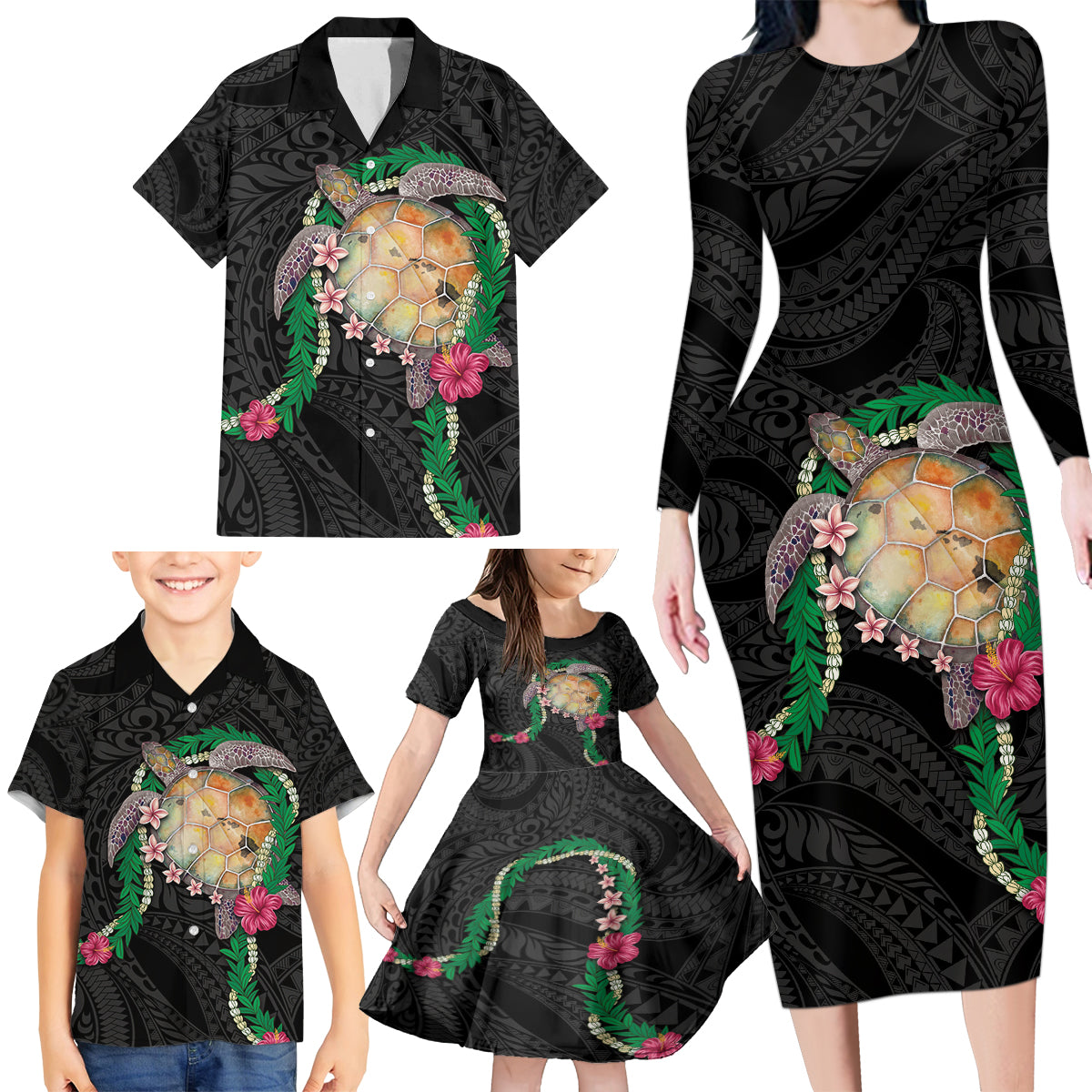 Hawaii Pikake and Maile Lei Family Matching Long Sleeve Bodycon Dress and Hawaiian Shirt Honu Polynesian Pattern Black Color LT03 - Polynesian Pride