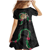 Hawaii Pikake and Maile Lei Family Matching Mermaid Dress and Hawaiian Shirt Honu Polynesian Pattern Black Color