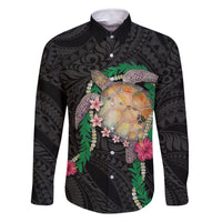 Hawaii Pikake and Maile Lei Family Matching Off The Shoulder Long Sleeve Dress and Hawaiian Shirt Honu Polynesian Pattern Black Color LT03 Dad's Shirt - Long Sleeve Black - Polynesian Pride