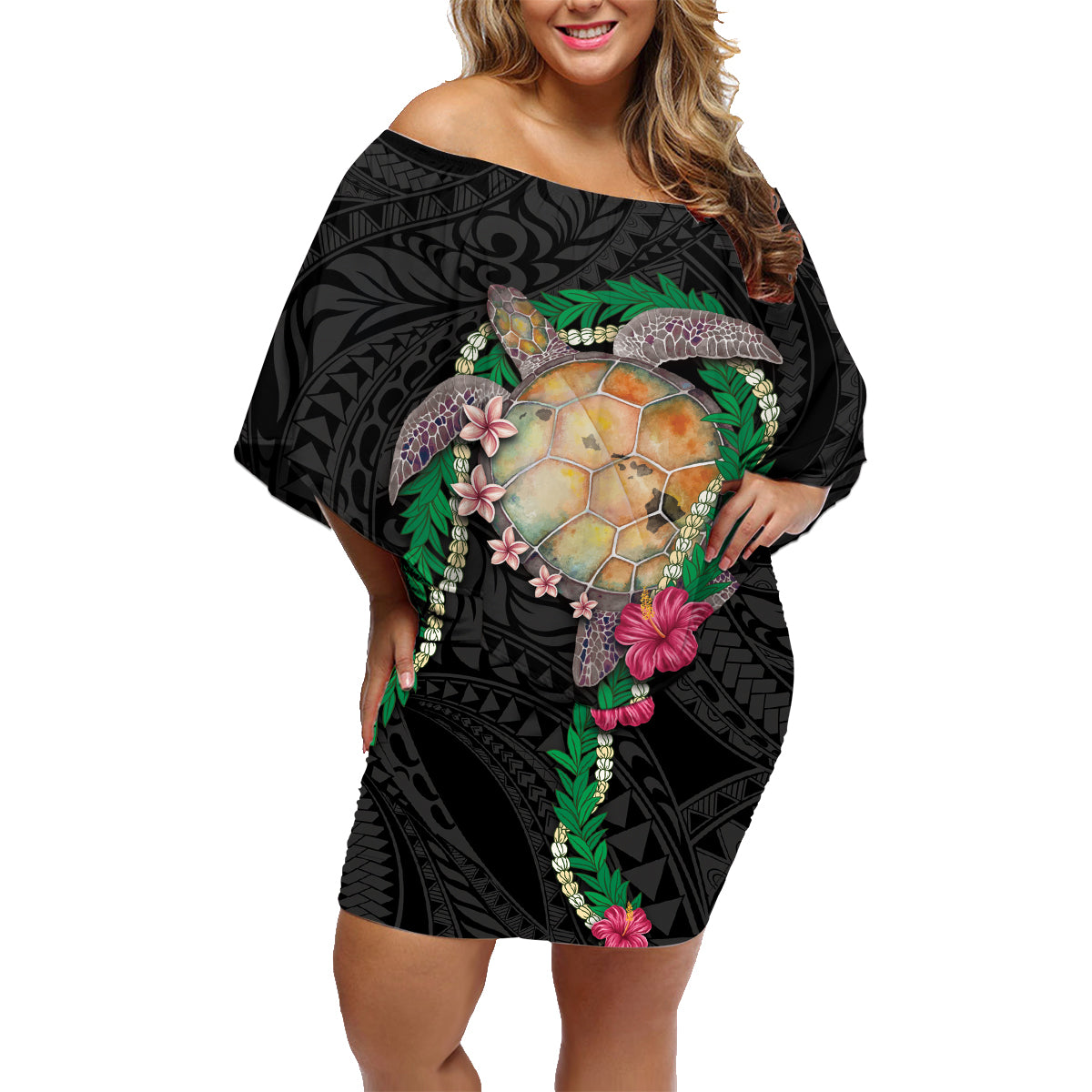 Hawaii Pikake and Maile Lei Family Matching Off Shoulder Short Dress and Hawaiian Shirt Honu Polynesian Pattern Black Color LT03 Mom's Dress Black - Polynesian Pride