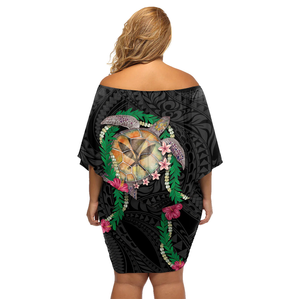 Hawaii Pikake and Maile Lei Family Matching Off Shoulder Short Dress and Hawaiian Shirt Honu Polynesian Pattern Black Color LT03 - Polynesian Pride
