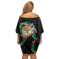 Hawaii Pikake and Maile Lei Family Matching Off Shoulder Short Dress and Hawaiian Shirt Honu Polynesian Pattern Black Color LT03 - Polynesian Pride