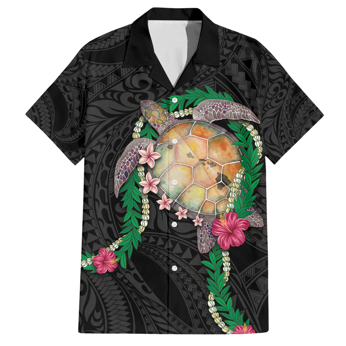 Hawaii Pikake and Maile Lei Family Matching Short Sleeve Bodycon Dress and Hawaiian Shirt Honu Polynesian Pattern Black Color LT03 Dad's Shirt - Short Sleeve Black - Polynesian Pride