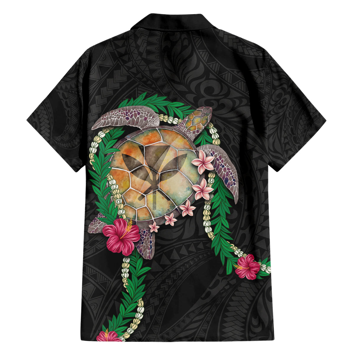 Hawaii Pikake and Maile Lei Family Matching Short Sleeve Bodycon Dress and Hawaiian Shirt Honu Polynesian Pattern Black Color LT03 - Polynesian Pride