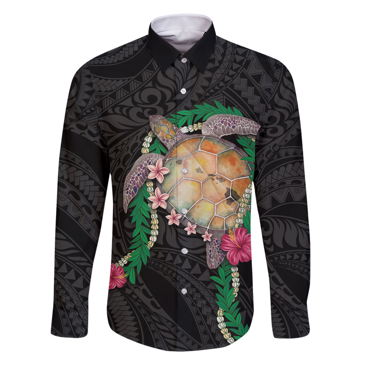 Hawaii Pikake and Maile Lei Family Matching Short Sleeve Bodycon Dress and Hawaiian Shirt Honu Polynesian Pattern Black Color LT03 Dad's Shirt - Long Sleeve Black - Polynesian Pride