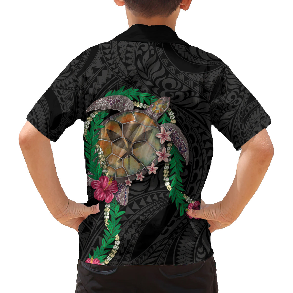 Hawaii Pikake and Maile Lei Family Matching Summer Maxi Dress and Hawaiian Shirt Honu Polynesian Pattern Black Color LT03 - Polynesian Pride