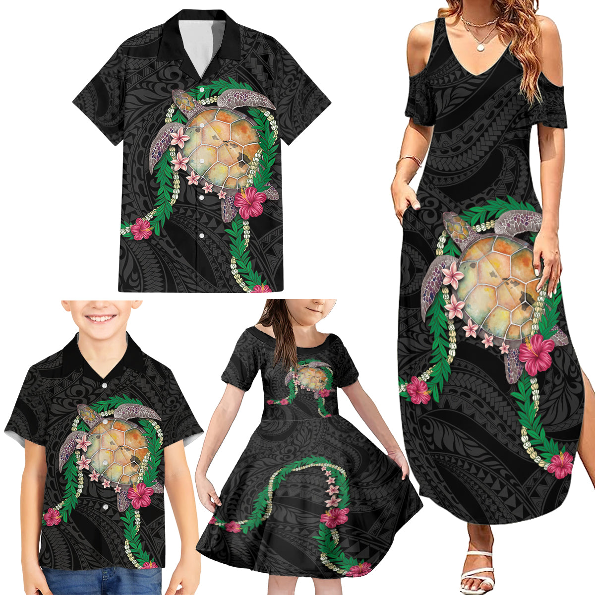 Hawaii Pikake and Maile Lei Family Matching Summer Maxi Dress and Hawaiian Shirt Honu Polynesian Pattern Black Color LT03 - Polynesian Pride