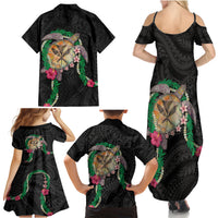 Hawaii Pikake and Maile Lei Family Matching Summer Maxi Dress and Hawaiian Shirt Honu Polynesian Pattern Black Color LT03 - Polynesian Pride