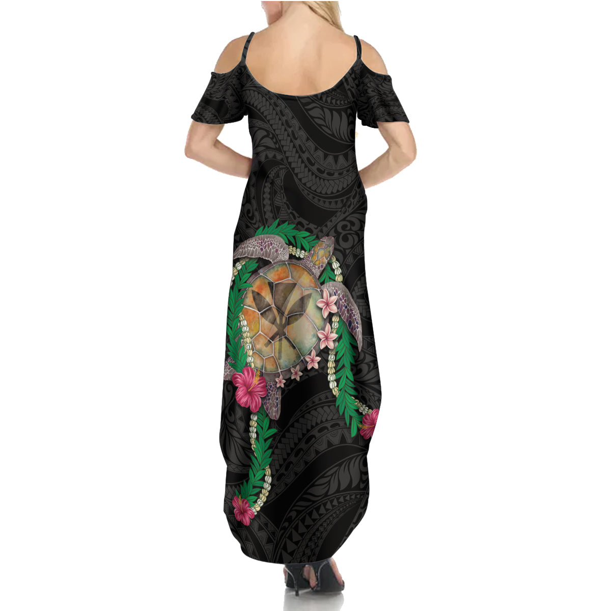 Hawaii Pikake and Maile Lei Family Matching Summer Maxi Dress and Hawaiian Shirt Honu Polynesian Pattern Black Color LT03 - Polynesian Pride
