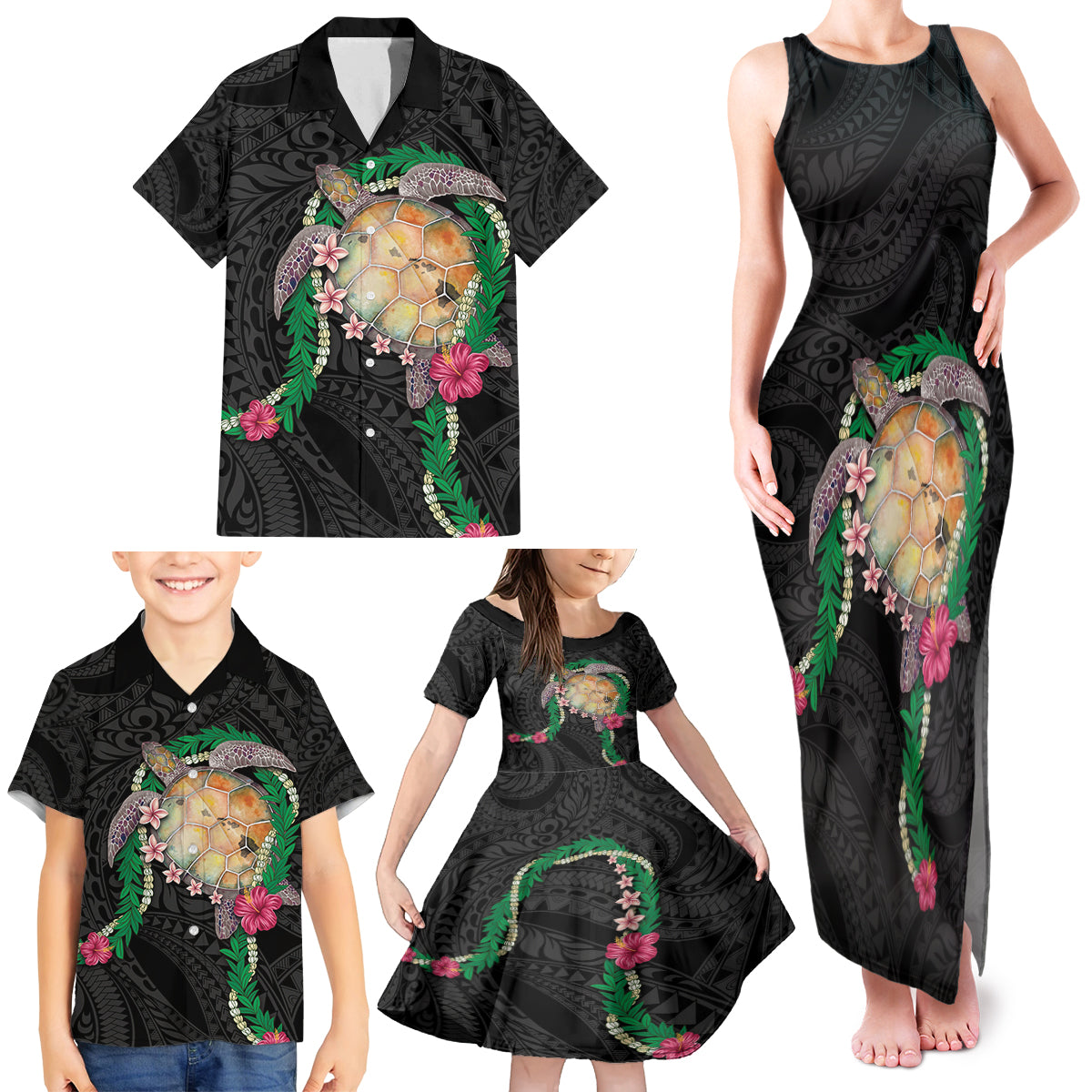 Hawaii Pikake and Maile Lei Family Matching Tank Maxi Dress and Hawaiian Shirt Honu Polynesian Pattern Black Color LT03 - Polynesian Pride