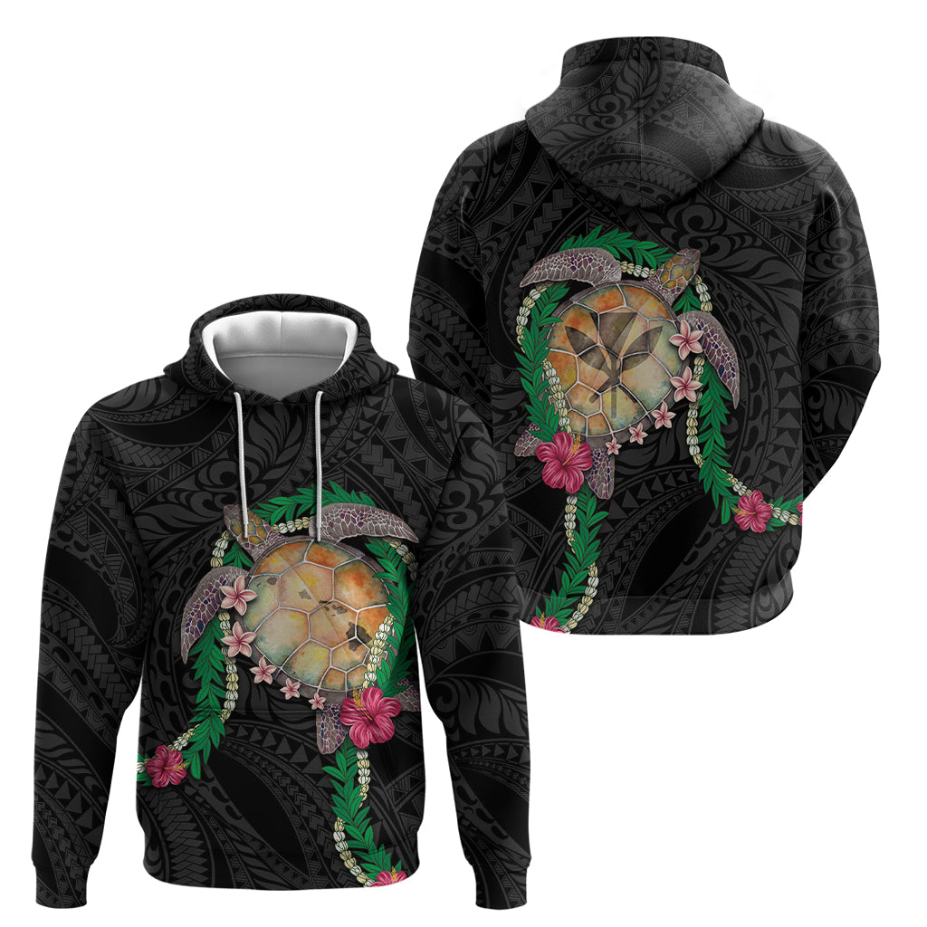 Hawaii Pikake and Maile Lei Hoodie Honu Polynesian Pattern Black Color