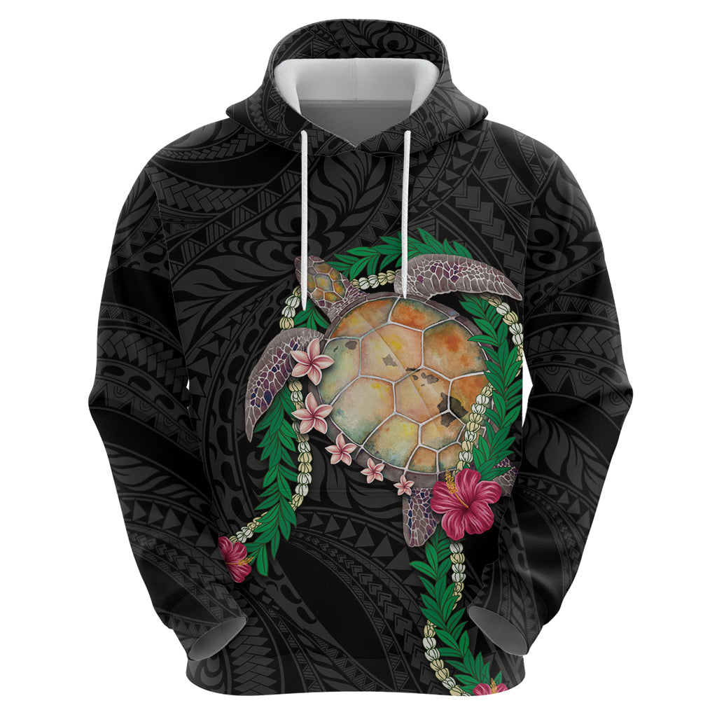 Hawaii Pikake and Maile Lei Hoodie Honu Polynesian Pattern Black Color