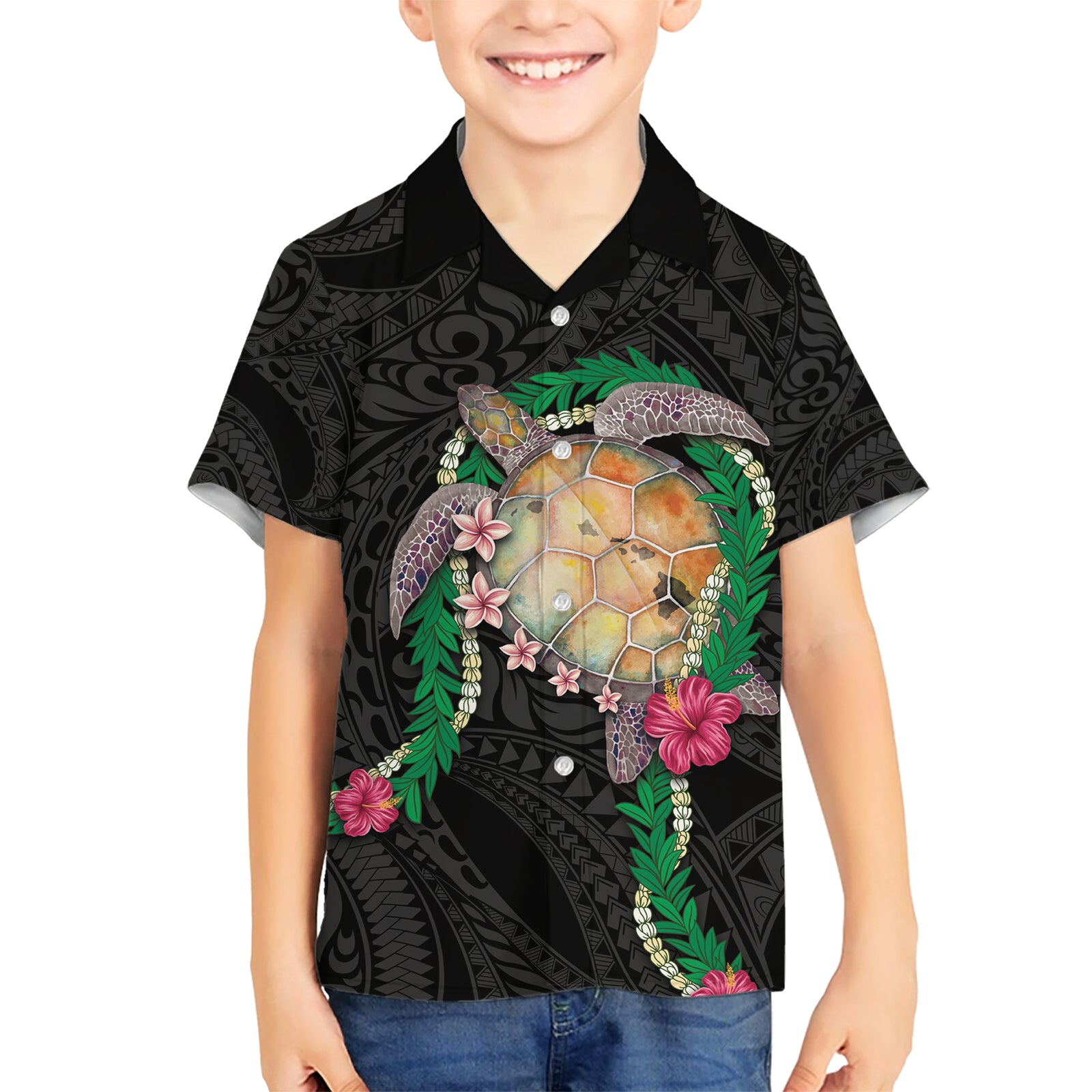 Hawaii Pikake and Maile Lei Kid Hawaiian Shirt Honu Polynesian Pattern Black Color LT03 Kid Black - Polynesian Pride