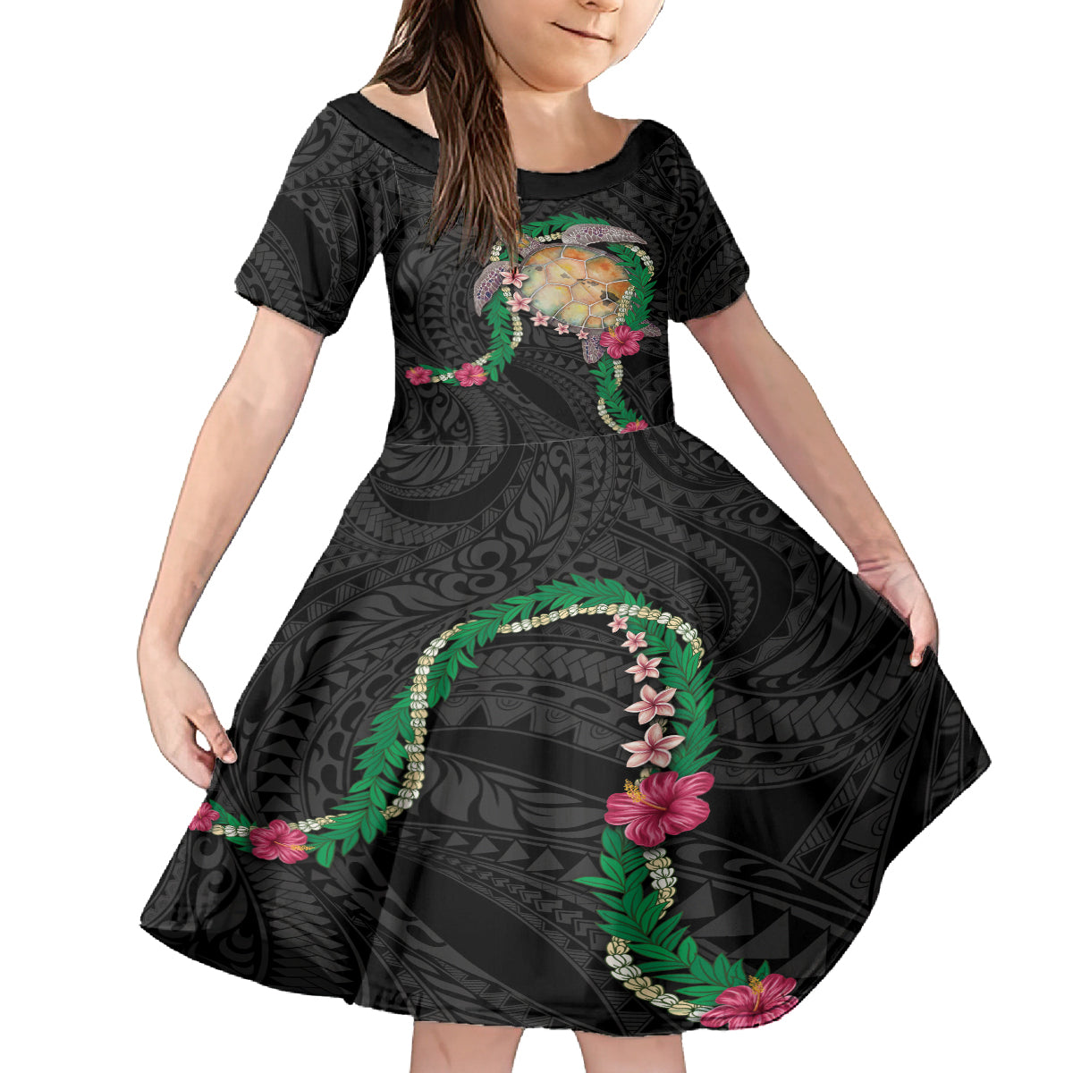 Hawaii Pikake and Maile Lei Kid Short Sleeve Dress Honu Polynesian Pattern Black Color